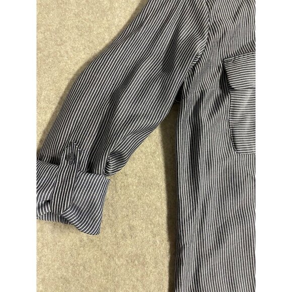 Express Womens Blouse Size Md Button Up Roll Tab Sleeve Grey/White Stripe - Picture 8 of 14